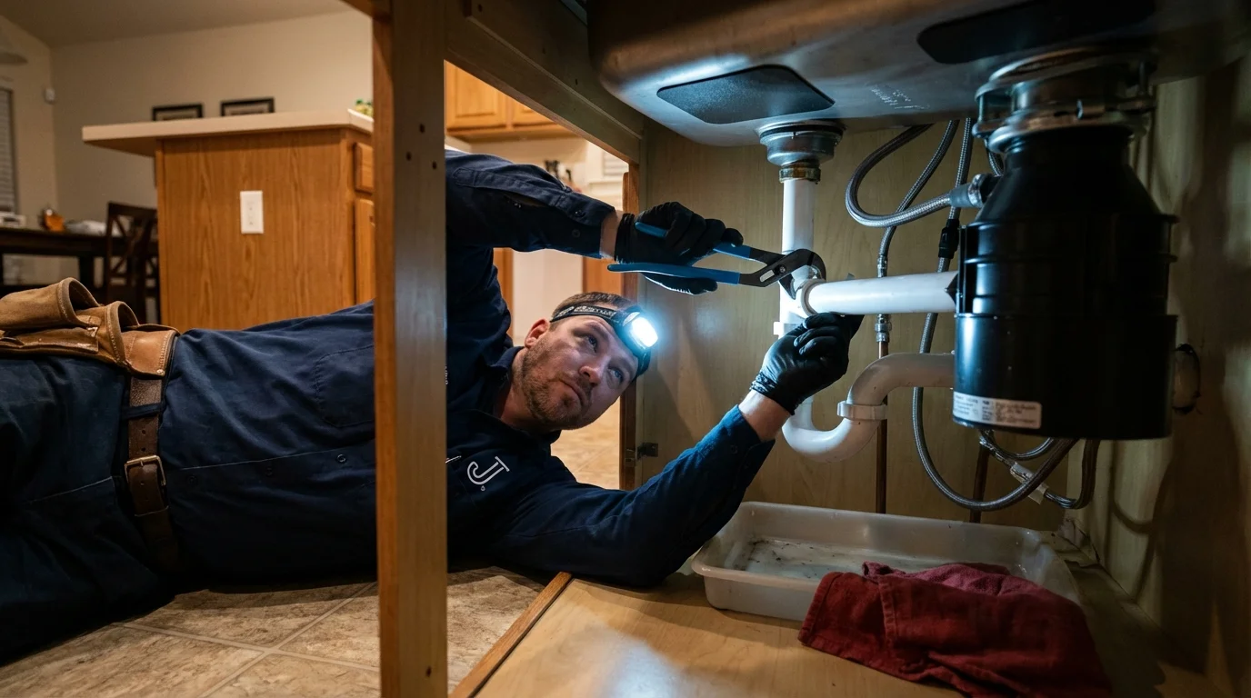 P-trap and supply line connections under a kitchen sink showing a common leak point in Blanchard, OK
